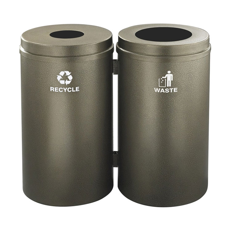 Includes two steel bins with Bronze Vein finish lids and bodies, and 16-gallon plastic liners