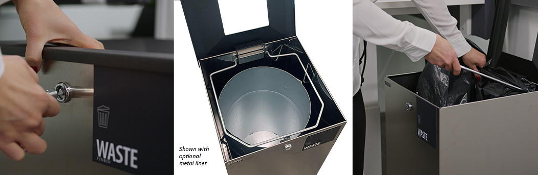 Edge recycling bin features: lockable hinged lid, optional metal liner, and pivoted bag frames