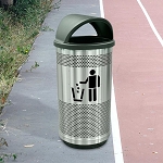 Stadium 35 Gallon Perforated Waste Receptacle with Hood Top in Stainless Steel with Symbol